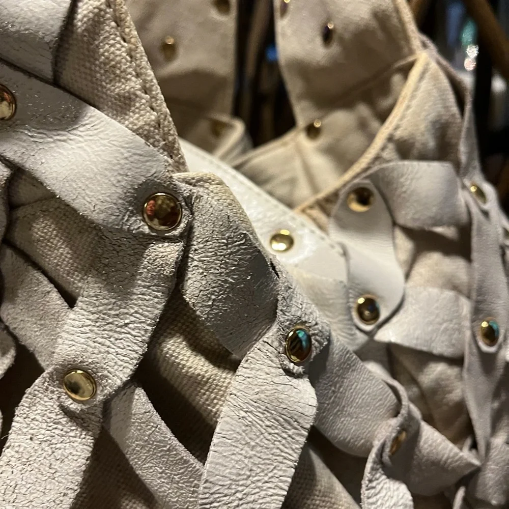 Michael Kors Cream Woven Leather Hobo with Gold-Tone Studs